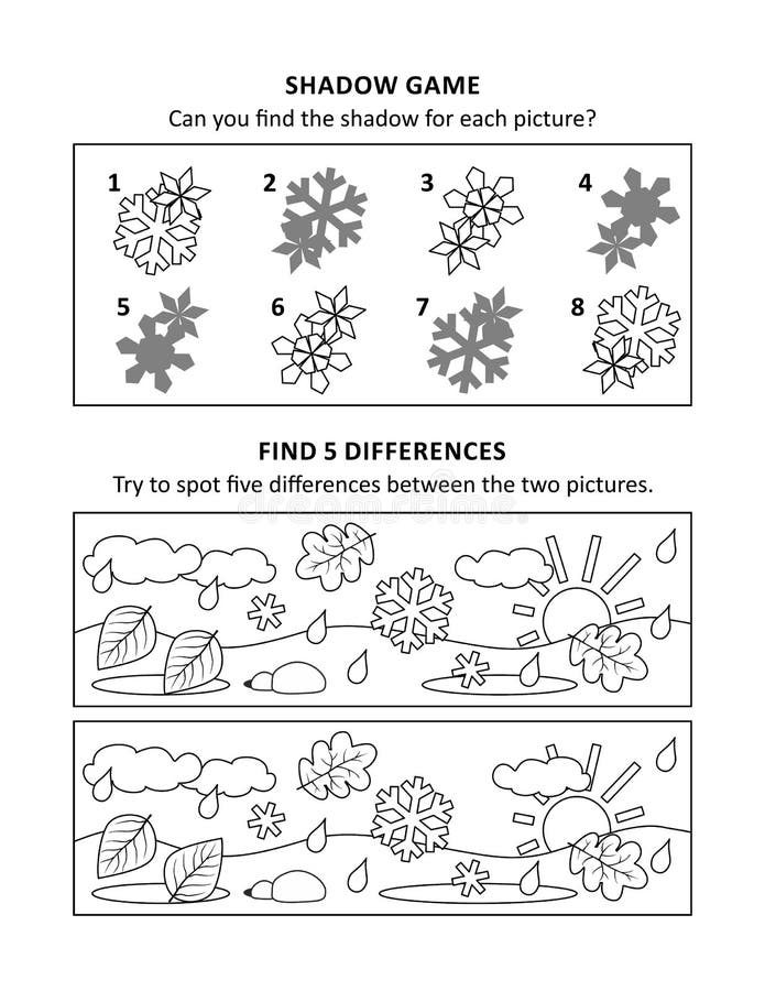 Activity sheet for kids with two visual puzzles, also can be used as coloring page, printable, fit Letter or A4 paper. Weather at late autumn. Activity sheet for kids with two visual puzzles, also can be used as coloring page, printable, fit Letter or A4 paper. Weather at late autumn.