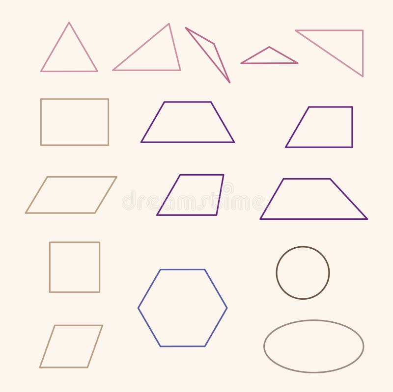 A set of flat geometric shapes triangles, quadrilaterals, ellipse, circle, hexagon stock illustration