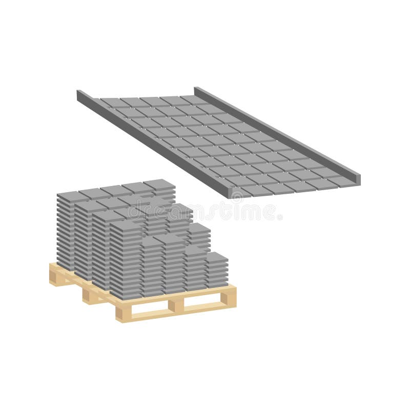 Paving slabs on a pallet with a pedestrian walkway made of paving slabs and borders. vector illustration