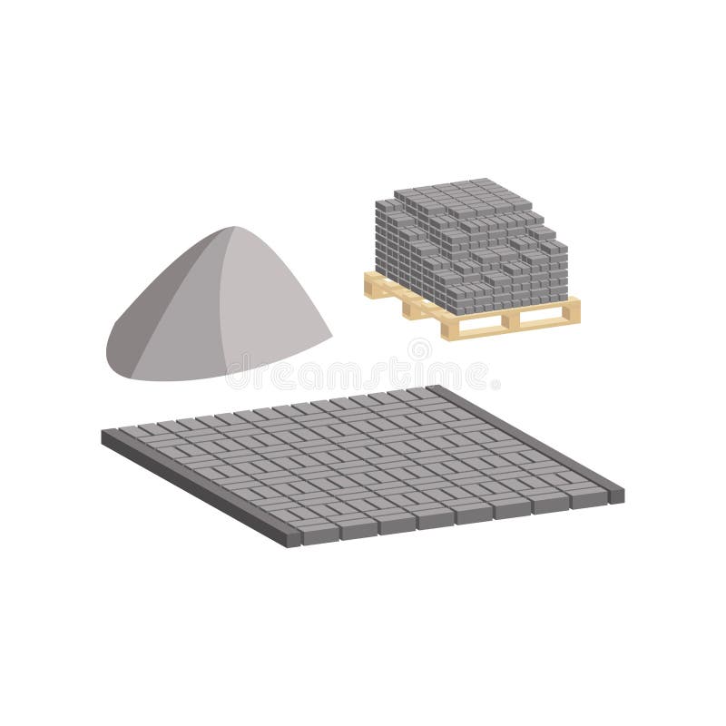 Paving slabs on a pallet with a pedestrian walkway made of paving slabs and borders. Vector isometric and 3D view. stock illustration