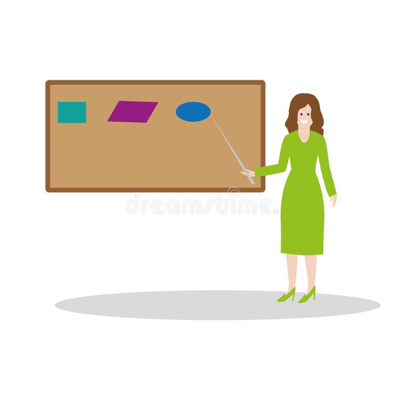 A young teacher with a pointer in her hand at the blackboard in the classroom. stock illustration