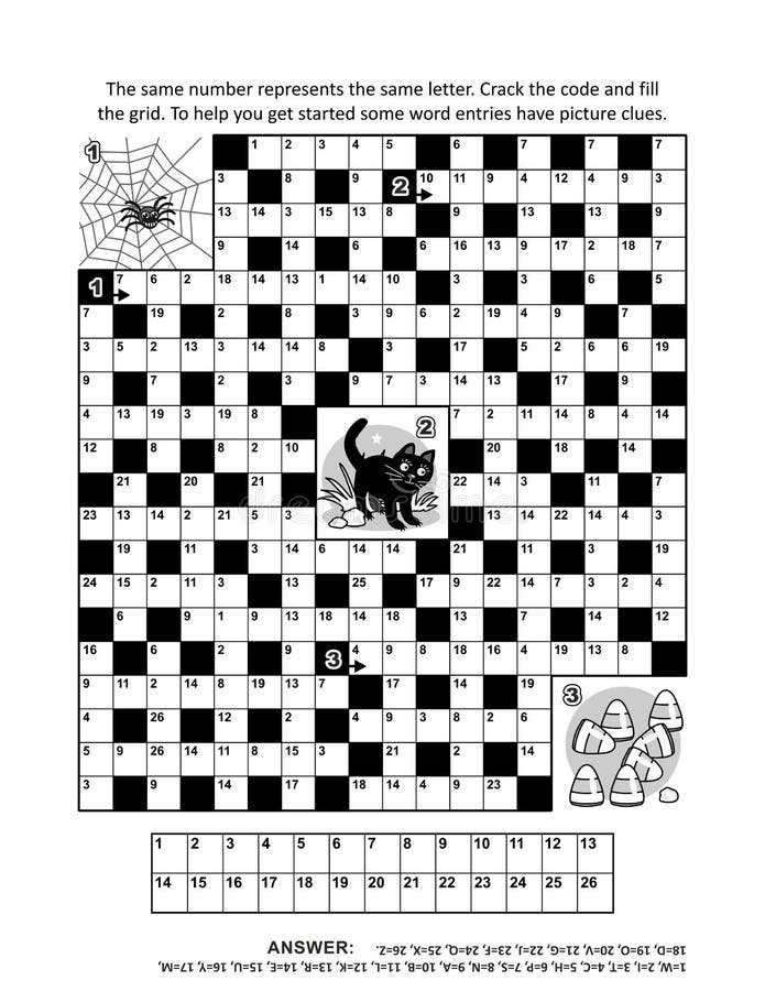 Halloween word game. Codebreaker or codeword, or code cracker crossword puzzle or word game with about 9 Halloween themed words royalty free illustration