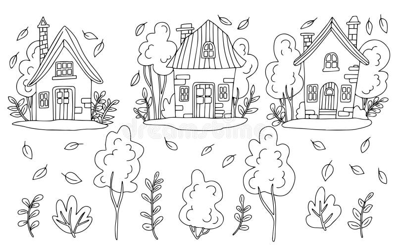 Set of cute fairy houses. cozy autumn landscape royalty free illustration