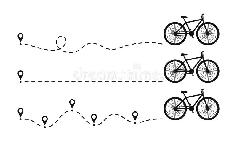 Bike icon dotted line path with start point. Set of bicycle way trace with location or map pins and dotted route. Vector stock illustration