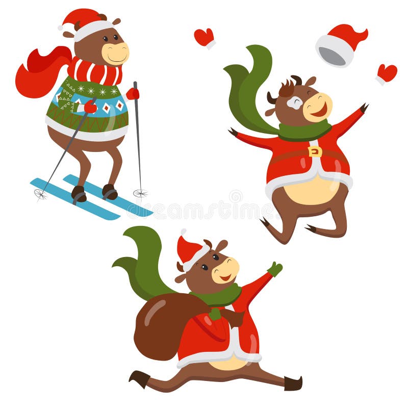 A bull in a knitted jumper skis, jumps merrily, throws a hat and mittens. New Year. Carries a bag of gifts. Dressed as Santa Claus royalty free illustration A bull in a knitted jumper skis, jumps merrily, throws a hat and mittens. New Year. Carries a bag of gifts. Dressed as Santa Claus royalty free illustration