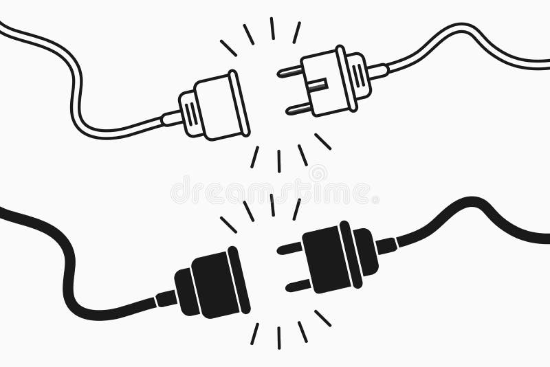 Electric plug and socket. 404 error concept, set of flat and line design elements for disconnect web page. stock illustration Electric plug and socket. 404 error concept, set of flat and line design elements for disconnect web page. stock illustration