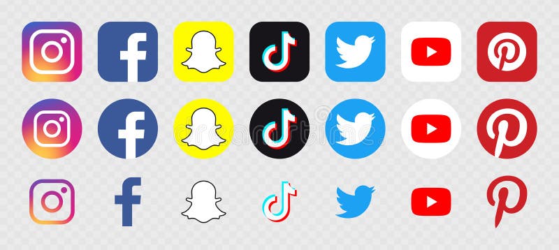 Instagram, Facebook, Snapchat, TikTok, Twitter, YouTube and Pinterest social media logo set. Vector illustration