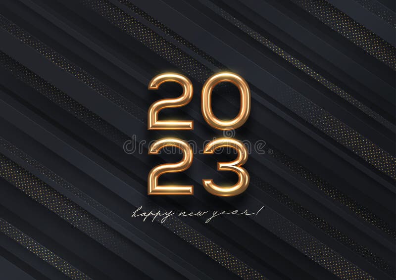 печать New Year Golden Logo Realistic Gold Metal Number Black Striped Background Halftone Greeting Card Vector 258406722 