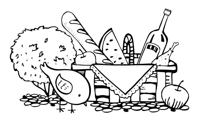 Picnic basket with food on the ground with bird and bush. Outline vector sketch illustration stock illustration Picnic basket with food on the ground with bird and bush. Outline vector sketch illustration stock illustration