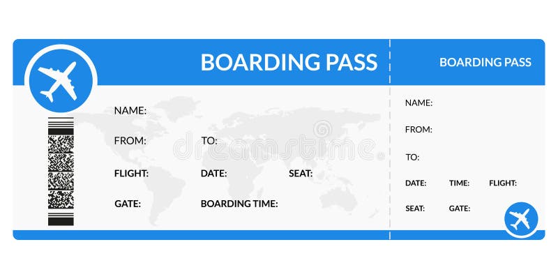 Plane ticket. Airline boarding pass template. Airport and plane pass document. Vector illustration. Plane ticket. Airline boarding pass template. Airport and