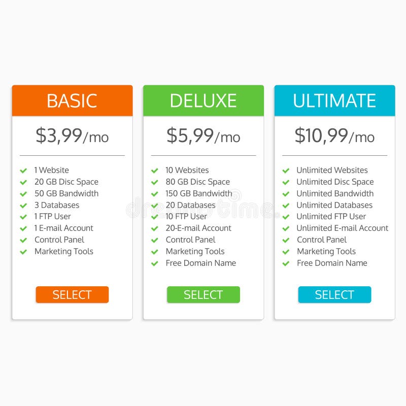 Pricing table template. Hosting plans comparison. Banners for websites and app. Vector illustration. stock illustration
