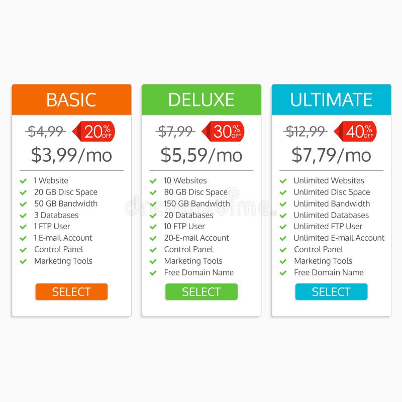 Pricing table template. Hosting plans comparison with sale or price off icon. Banners for websites and app. Vector illustration.