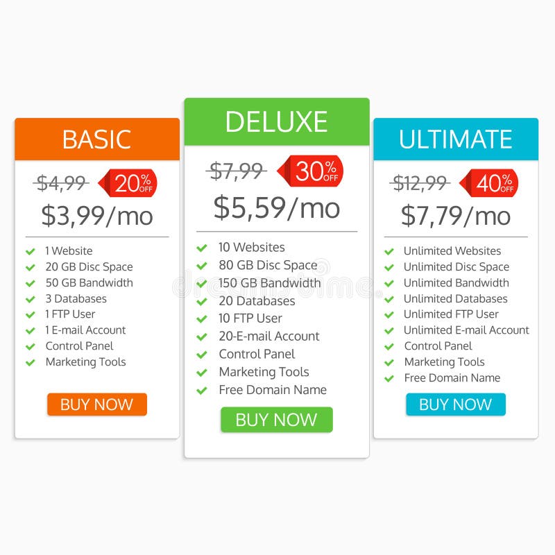 Pricing table template. Hosting plans comparison with sale or price off icon. Banners for websites and app. Vector illustration.