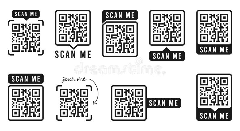 QR code set. Template of frames with text - scan me and QR code for smartphone, mobile app, payment and discounts. Quick Response stock illustration