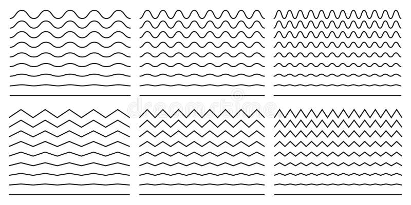 Seamless wavy line and zigzag patterns set. Horizontal curvy waves stripe and zig zags. Collection of underlines, linear sings stock illustration