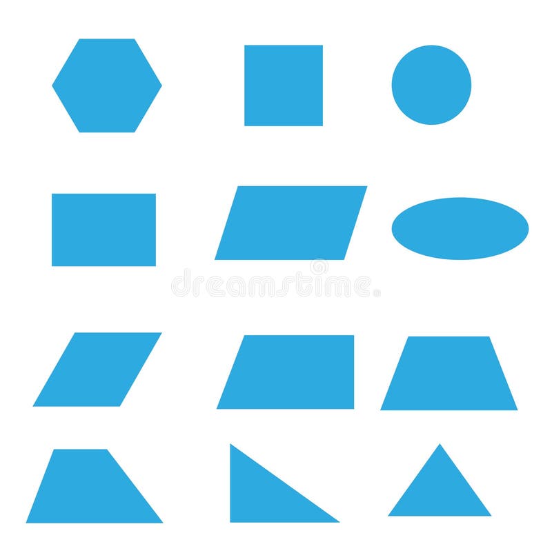 A set of flat geometric shapes circle, triangles, ellipse, trapezoid, rectangle, parallelogram stock illustration