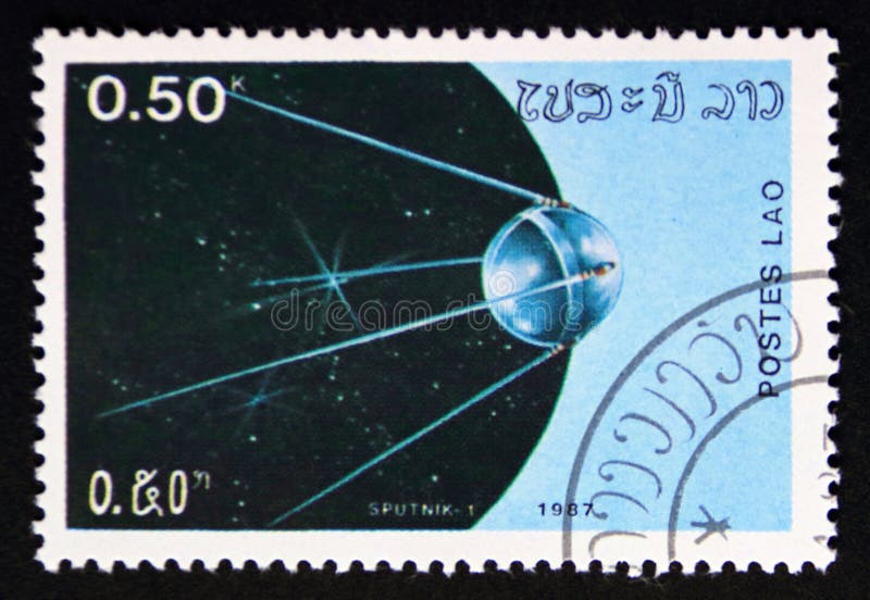 Post stamp printed in Laos, 1987. Satellite sputnik 1. Value 0.50 lao kip. From the series space. Post stamp printed in Laos, 1987. Satellite sputnik 1. Value 0.50 lao kip. From the series space.