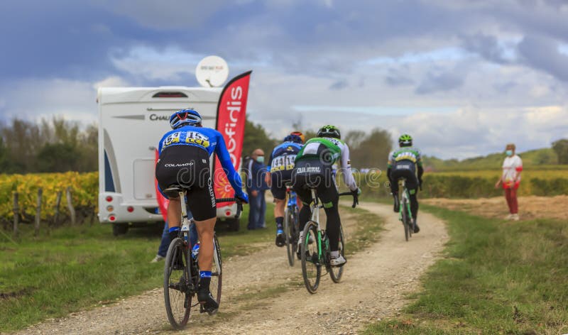 Noizay, France - October 11, 2020: Rear view of the peloton riding in the vineyards during Paris-Tours 2020. Noizay, France - October 11, 2020: Rear view of the peloton riding in the vineyards during Paris-Tours 2020