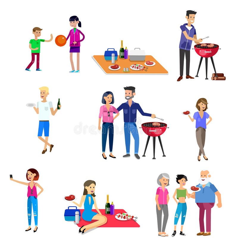 Пикник семьи Партия BBQ Еда и барбекю иллюстрация вектора Пикник семьи Партия BBQ Еда и барбекю иллюстрация вектора