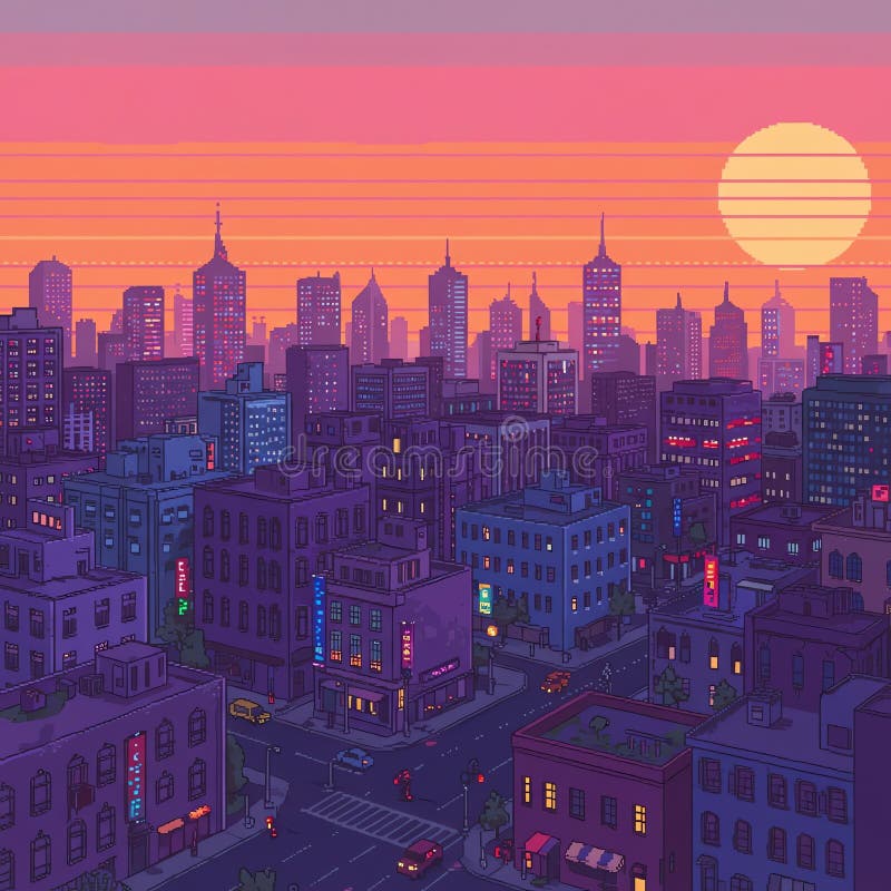 пиксельные объекты cityscape с оранжевым фоном заката иллюстрация штока