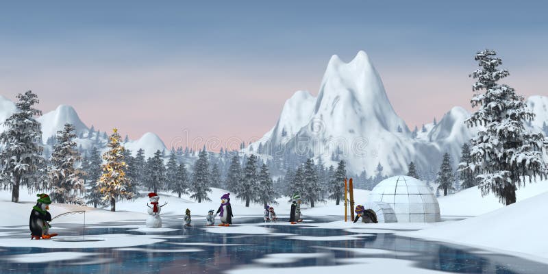Пингвины в снежном ландшафте горы рождества, 3d представляют бесплатная иллюстрация Пингвины в снежном ландшафте горы рождества, 3d представляют бесплатная иллюстрация
