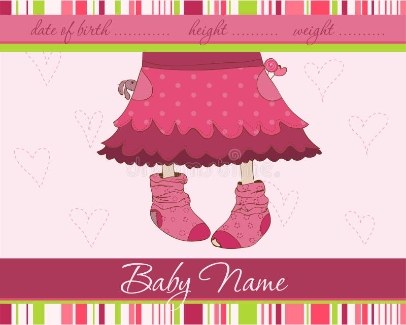 Pink Baby girl arrival announcement card with funny socks. Pink Baby girl arrival announcement card with funny socks