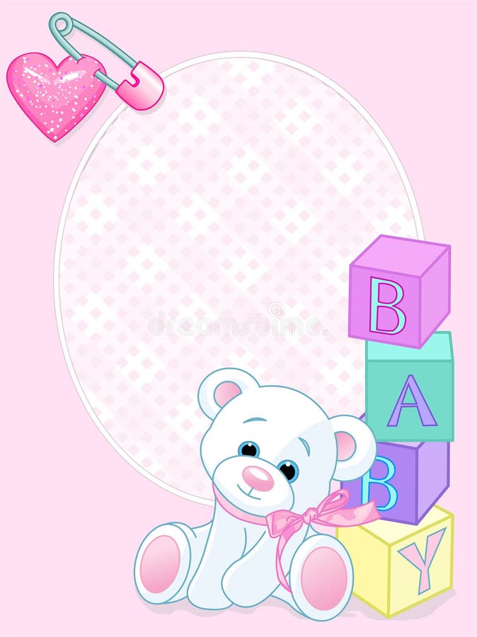 Pink design with Teddy Bear and word baby spelled out by blocks. Arrival card. Pink design with Teddy Bear and word baby spelled out by blocks. Arrival card