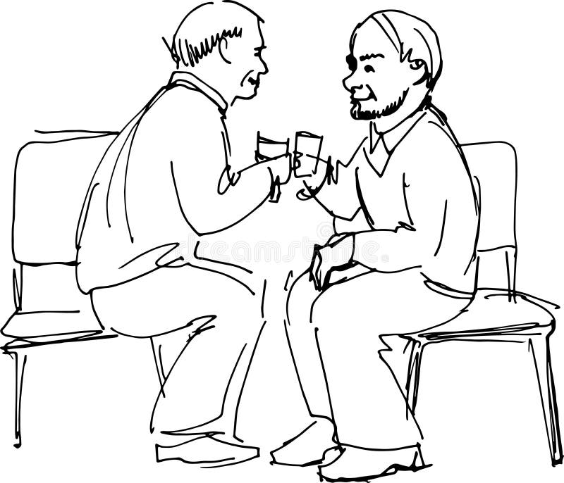 Black and white sketch two grandfathers drink sitting on chairs. Black and white sketch two grandfathers drink sitting on chairs