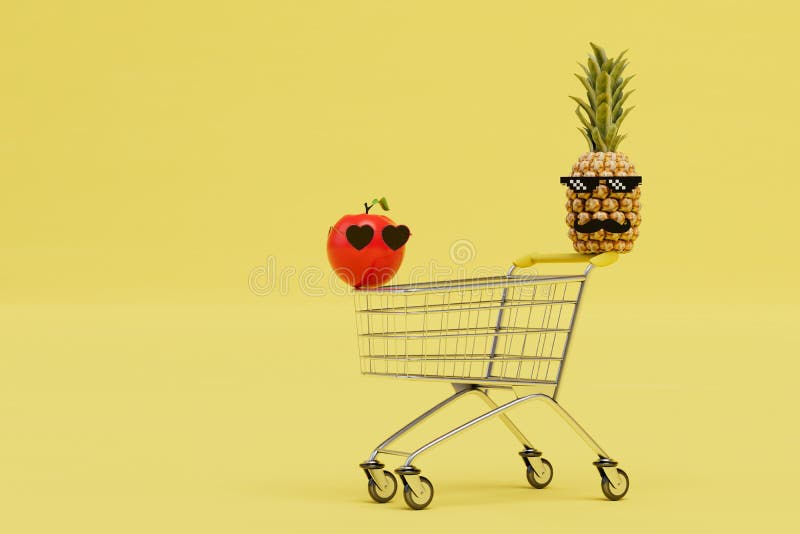 пищевая корзина, на которой ананас в очках, с усами и красным яблоком в очках 3d иллюстрация вектора