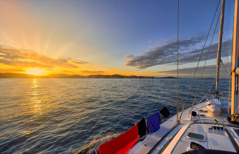 Typical calm sailing on the yacht, sunset, silence and calm, towels are drying. Typical calm sailing on the yacht, sunset, silence and calm, towels are drying