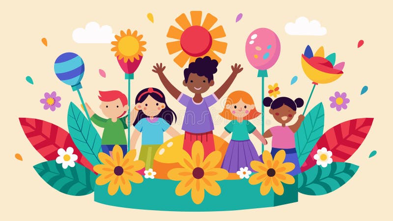 A float covered in bright flowers and balloons with children sitting on top holding hands and shouting No more slavery. Vector illustration AI generated. A float covered in bright flowers and balloons with children sitting on top holding hands and shouting No more slavery. Vector illustration AI generated