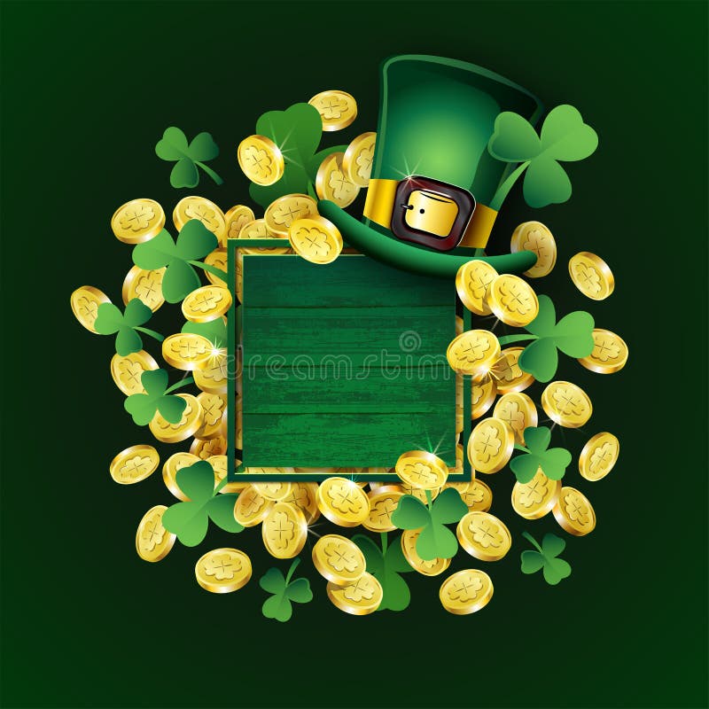 Плакат дня St Patricks вектора Ирландские элементы дизайна: Шляпа лепрекона, клевер, золотые монеты, пустое место текста на дерев иллюстрация штока Плакат дня St Patricks вектора Ирландские элементы дизайна: Шляпа лепрекона, клевер, золотые монеты, пустое место текста на дерев иллюстрация штока