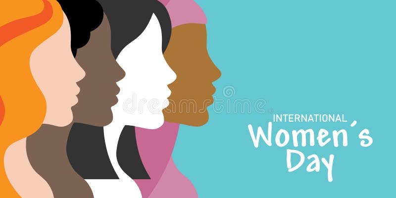 International women`s day poster. Profile faces of different races. Space for text. International women`s day poster. Profile faces of different races. Space for text