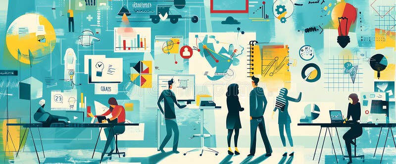 плакат с офисной командой и элементами совместных инноваций иллюстрация вектора
