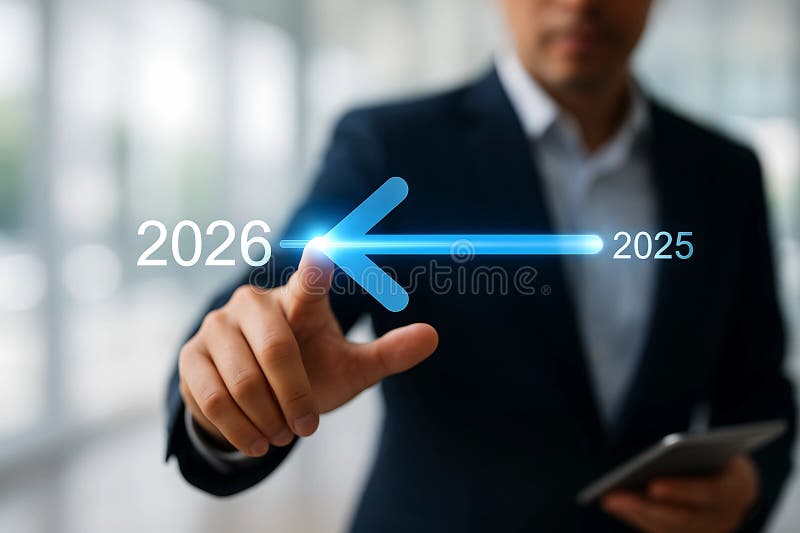 Планирование бизнес-стратегии на 2025-2026 годы : Визуализация будущего роста и определение целей с помощью стрелки цифровой време иллюстрация штока