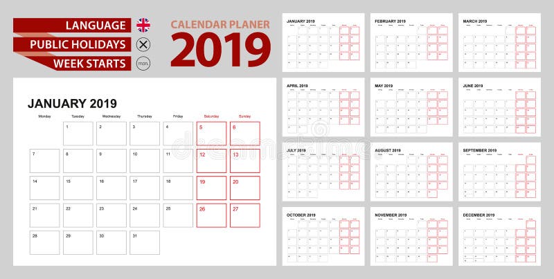 Плановик 2019 календаря стены на английском, началах недели в понедельник бесплатная иллюстрация