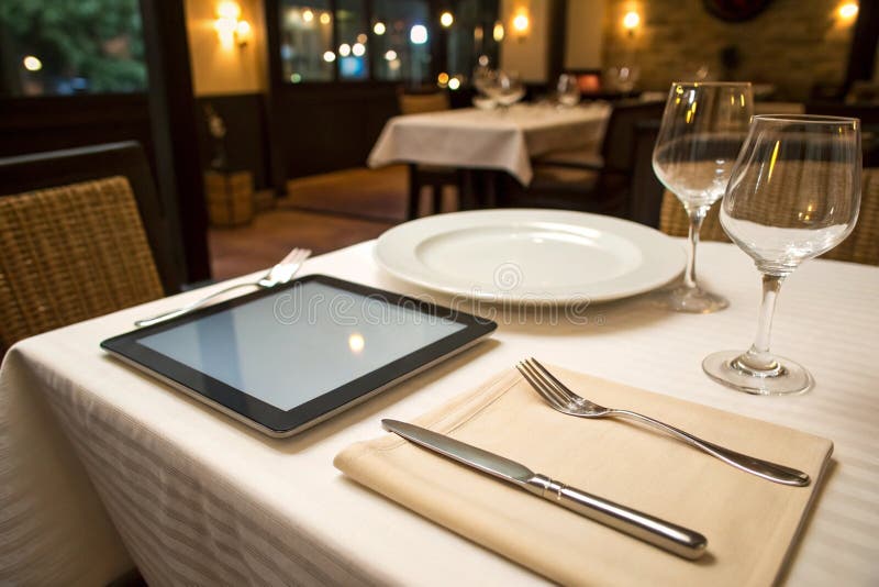 Планшетный ПК на обеденном столе с платформой вилки и ножа aeuroDigital Dining Concept иллюстрация штока