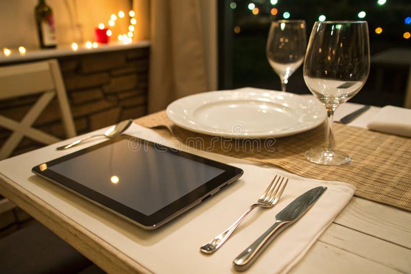 Планшетный ПК на обеденном столе с платформой вилки и ножа aeuroDigital Dining Concept иллюстрация штока