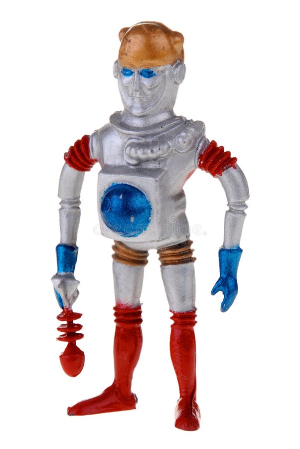 Vintage 1950's plastic robot spaceman toy with retro ray gun isolated on white. Vintage 1950's plastic robot spaceman toy with retro ray gun isolated on white