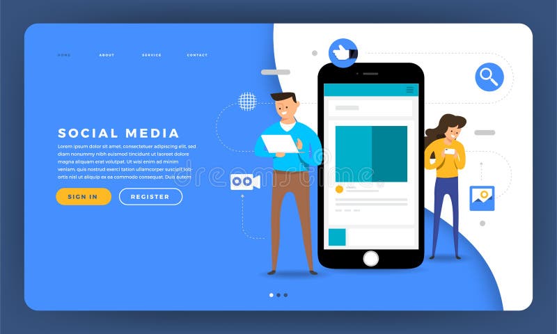Платформа средств массовой информации плоской идеи проекта вебсайта дизайна модель-макета социальная иллюстрация штока Платформа средств массовой информации плоской идеи проекта вебсайта дизайна модель-макета социальная иллюстрация штока