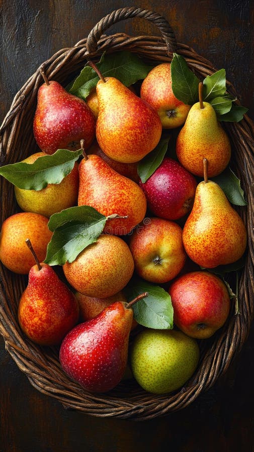 плетеная корзина, наполненная красными и желтыми грушами и яблоками, реалистична жизнь иллюстрация штока