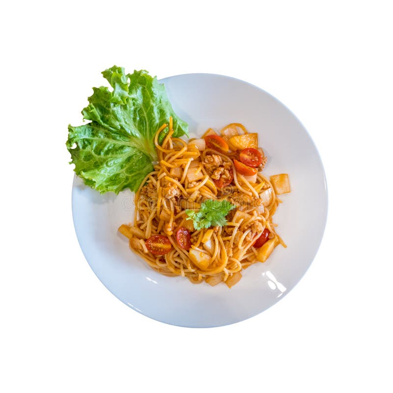 Плита взгляда сверху очень вкусных итальянских спагетти с томатным соусом стоковая фотография Плита взгляда сверху очень вкусных итальянских спагетти с томатным соусом стоковая фотография