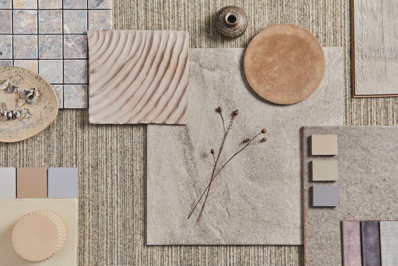 Flat lay of creative design of beige architect moodboard composition with samples of building, neutral textile and natural materials and personal accessories. Top view, template. Flat lay of creative design of beige architect moodboard composition with samples of building, neutral textile and natural materials and personal accessories. Top view, template