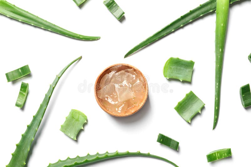 Flat lay composition with aloe vera on white background. Flat lay composition with aloe vera on white background