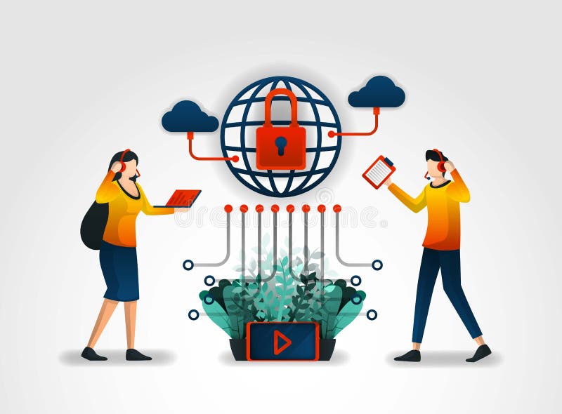 плоский характер Провайдер услуг интернеты обеспечивают потребителей с обслуживанием клиента и системами безопасности помогать ин иллюстрация вектора плоский характер Провайдер услуг интернеты обеспечивают потребителей с обслуживанием клиента и системами безопасности помогать ин иллюстрация вектора