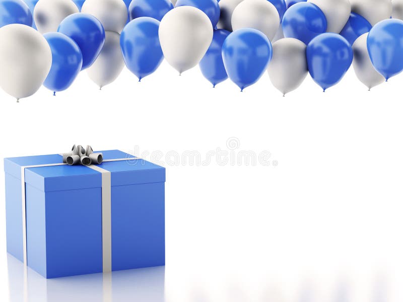 подарочная коробка 3d с голубыми и белыми baloons на белой предпосылке иллюстрация штока