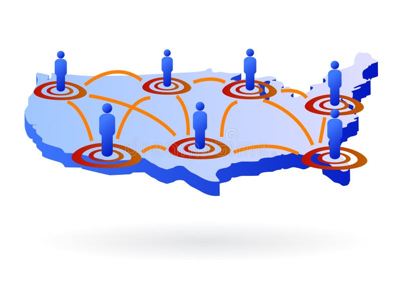 Illustration of united states of america as a 3d map with stylized men and network wire on it, related to communications, networking and social, vector file available. Illustration of united states of america as a 3d map with stylized men and network wire on it, related to communications, networking and social, vector file available