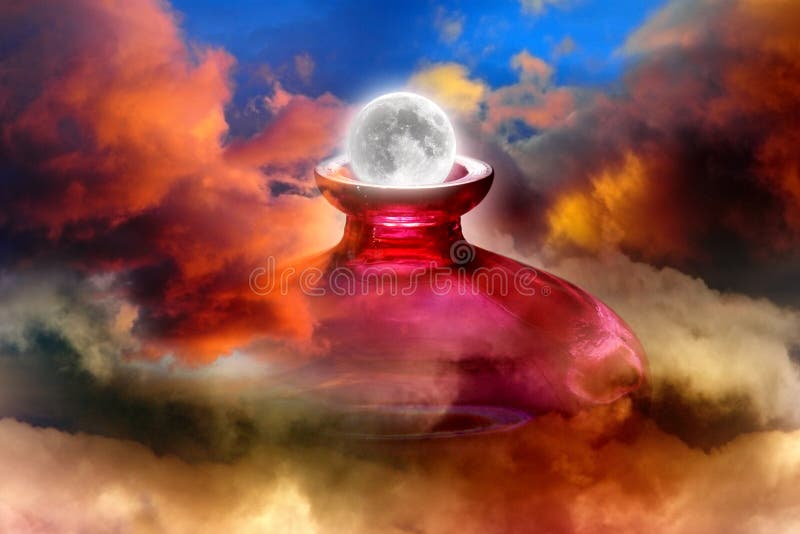 Bright moon rising from red vase with colorful clouds background. Bright moon rising from red vase with colorful clouds background