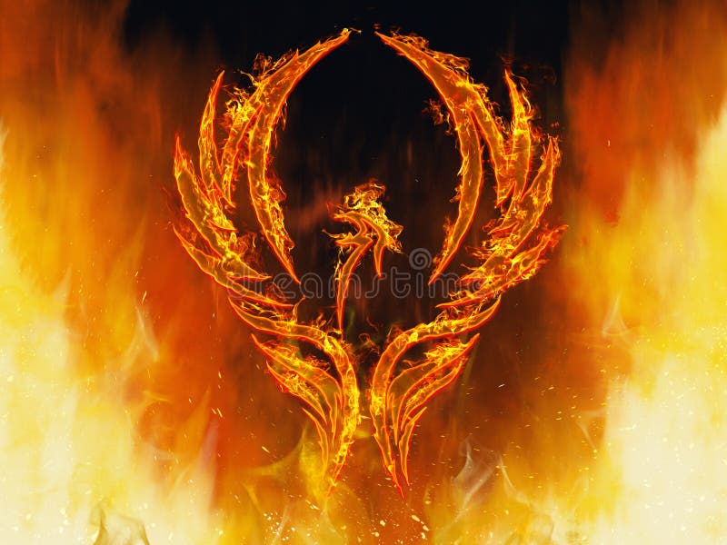 A phoenix bird in flames with wings rising from a fiery furnace. A phoenix bird in flames with wings rising from a fiery furnace.