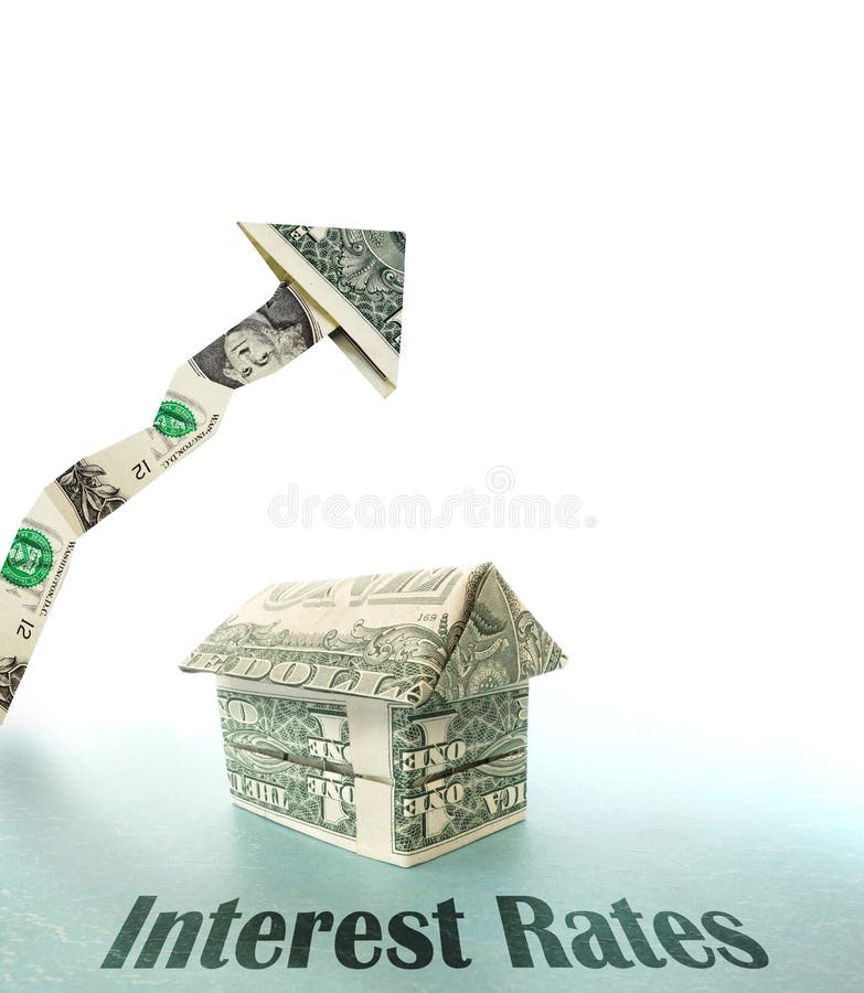 Money house with upward pointing dollar arrow and Interest Rates text. Money house with upward pointing dollar arrow and Interest Rates text